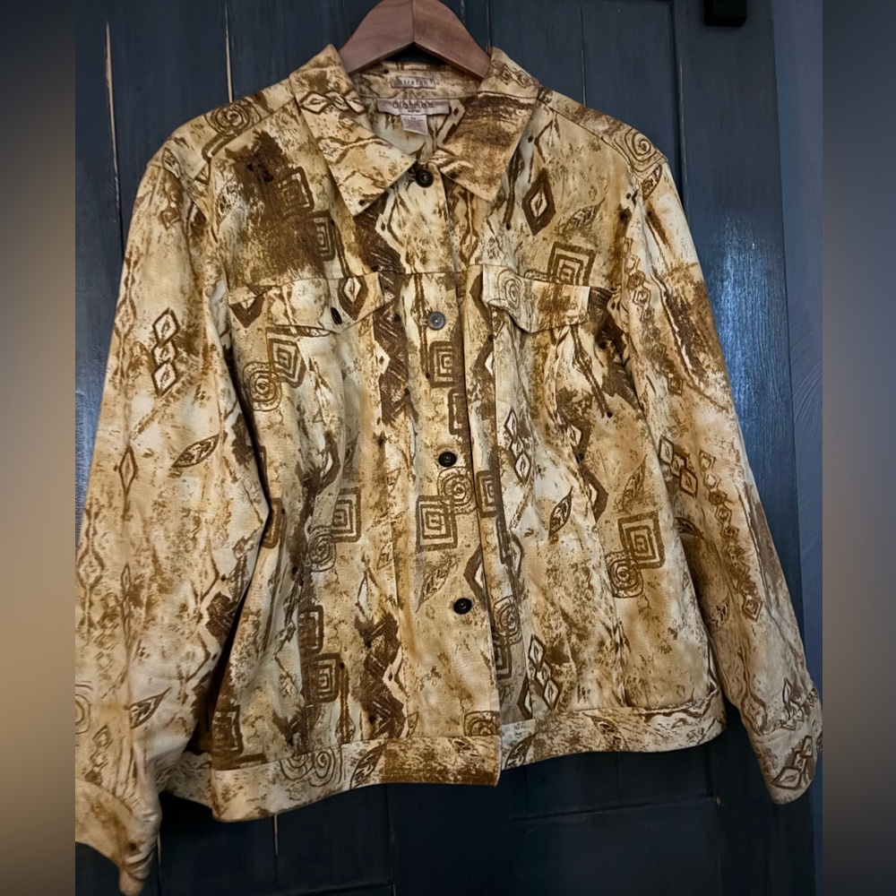 C.L.O.T.H.E.S 
Vintage-Inspired Women’s Denim Jacket Gold and Brown Aztec Sz 2X